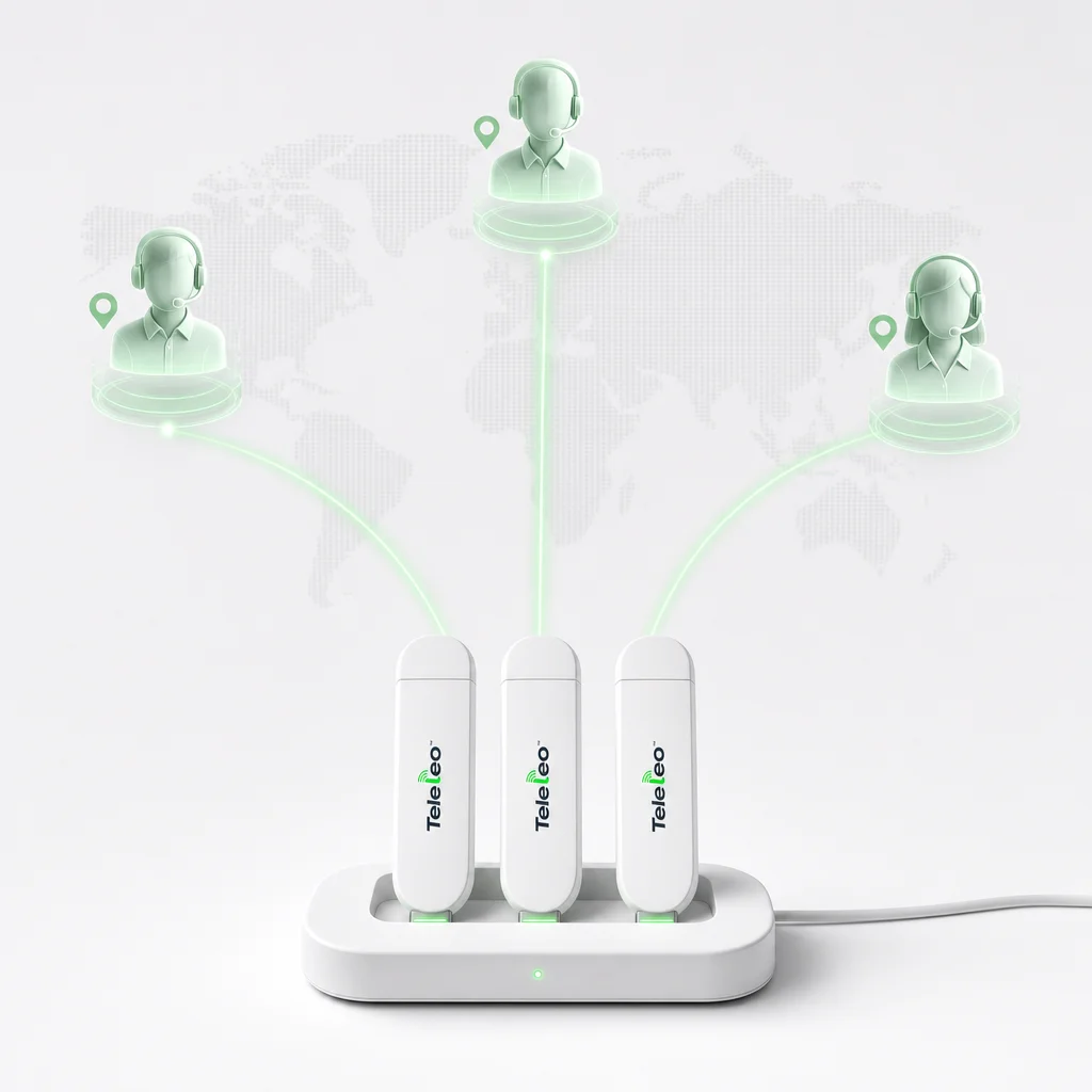 Teleleo modems in a central call-center array — agents connect from anywhere