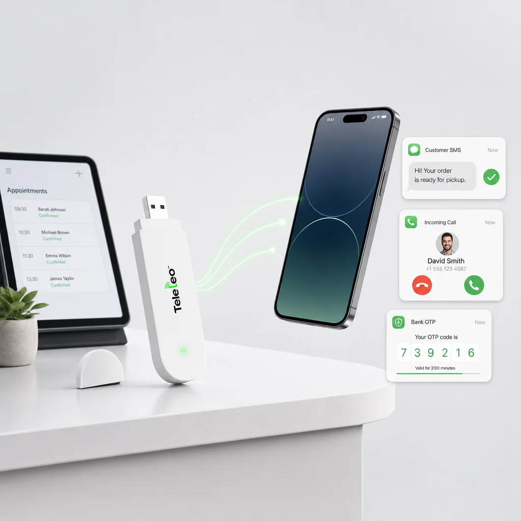 Teleleo modem on a small-business counter — every customer SMS, call, and OTP reaches you anywhere
