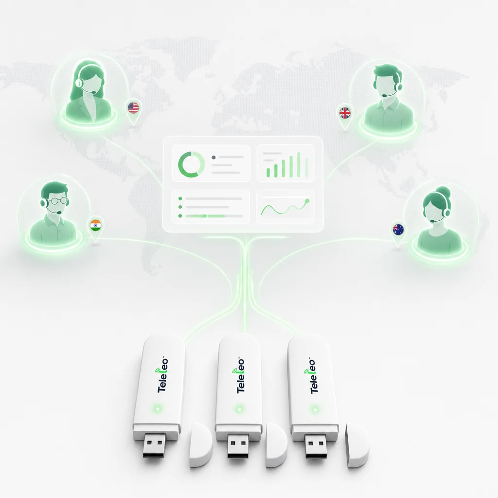 Teleleo modem rack at HQ connecting distributed call center agents around the world