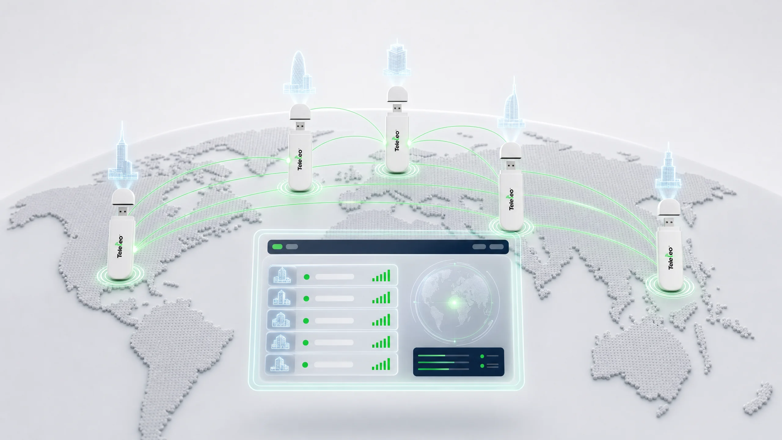 Teleleo modem on a globe connecting offices in London, New York, Dubai, Berlin, Tokyo