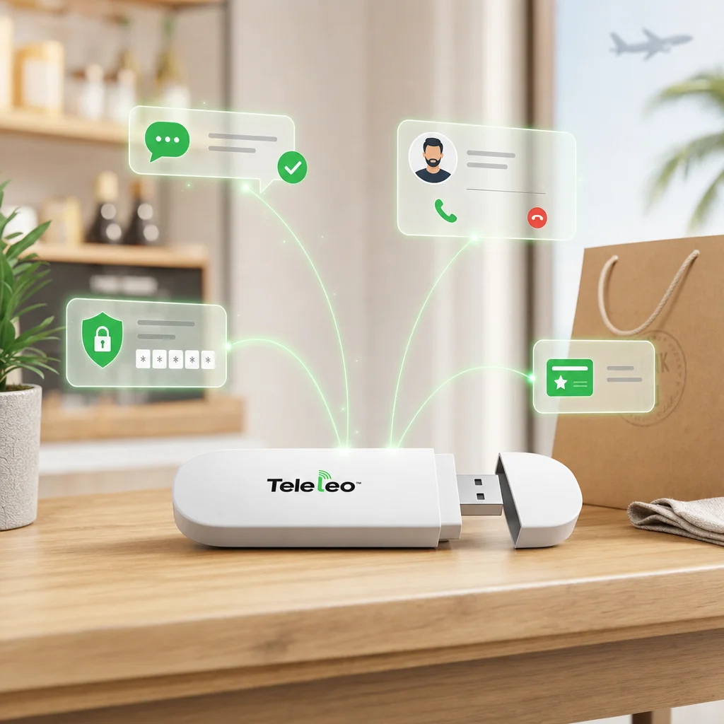 Teleleo modem on a small business counter — every customer message reaches you wherever you travel